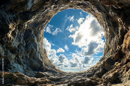 Cave exit looking onto blue sky and white clouds, round, circle photo