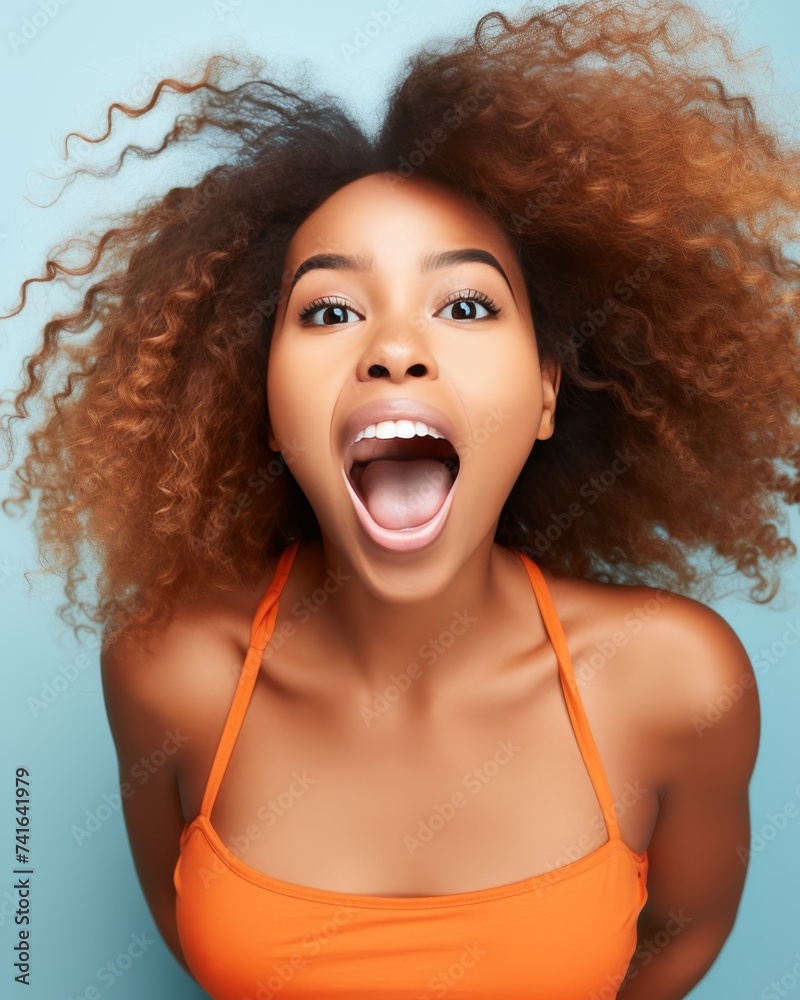 An energetic and cheerful girl with luxurious curls screams An energetic and cheerful girl with luxurious curls screams