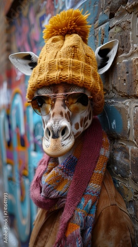 A giraffe wearing a hipster outfit with a beanie and scarf, casually leaning against a graffiti wall