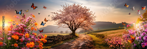 Dreamy cherry tree panorama in rural landscape with spring flowers