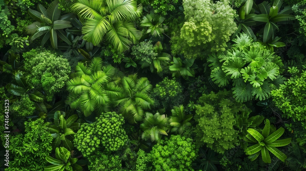 An aerial view of a dense rainforest canopy, showcasing the richness of the ecosystem and the multiple layers of vibrant vegetation. An aerial view of a dense rainforest canopy, showcasing the richness of the ecosystem and the multiple layers of vibrant vegetation.