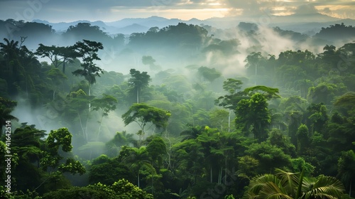 An aerial view of a dense rainforest canopy, showcasing the richness of the ecosystem and the multiple layers of vibrant vegetation. © Old Man Stocker