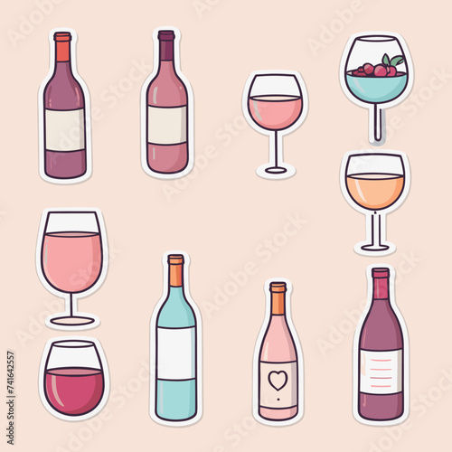 Illustrated wine bottles and glasses on a beige background with red, white, and rosé varieties, showcasing different shapes and decorative styles.