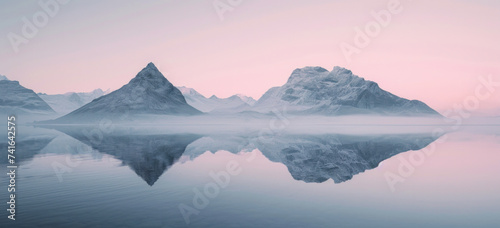 Serene mountain landscape reflected in tranquil water at dawn. Nature tranquility.