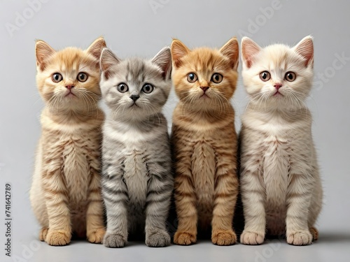 Row of 4 various colored British Shorthair cat kittens, standing and sitting together. All facing camera. Isolated on on white backgroun