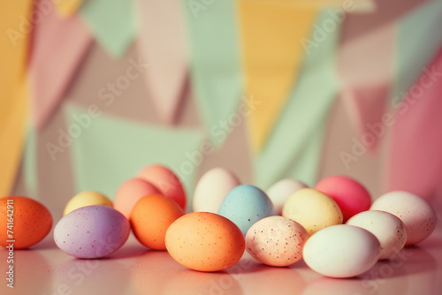 Colorful easter eggs on table against colorful flags