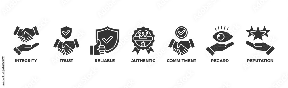 Credibility banner web icon vector illustration concept with icon of integrity, trust, reliable, authentic, commitment, regard, and reputation Credibility banner web icon vector illustration concept with icon of integrity, trust, reliable, authentic, commitment, regard, and reputation