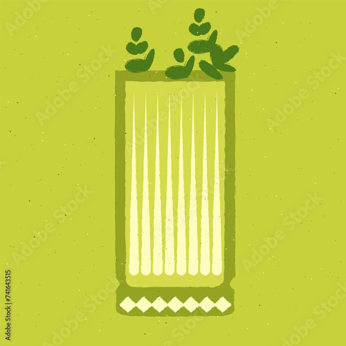 Green cocktail with greens. Smoothie in high glass. Fresh greens. Detox drink. Alcohol drink for bar. Cold soft liquid in tall glass. Non-alcoholic beverage. Flat vector illustration with texture