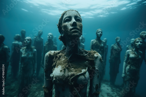 Underwater sculpture installation with statues representing conservation efforts. Art and environment. photo