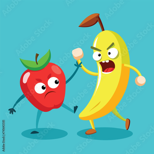 banana character fighting with apple