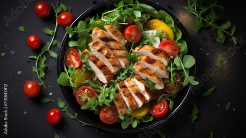 Fresh salad with chicken, tomato and greens (spinach, arugula) top view. Healthy food