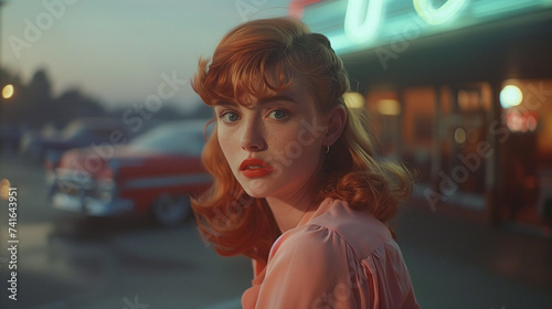 1950s style a red haired woman at a drive-in theater