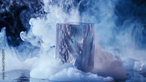  Aerogel material cube with smoke on dark blue background. AI generative.