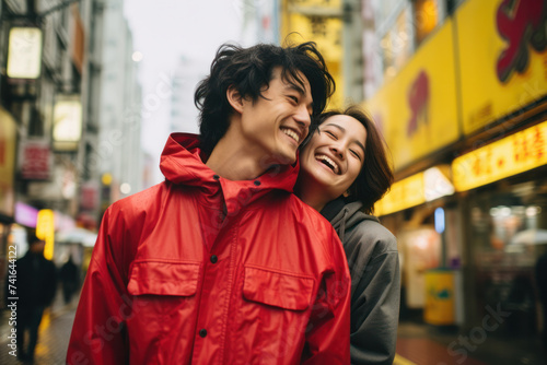 Joyful couple exploring vibrant city streets together. Urban travel and exploration.