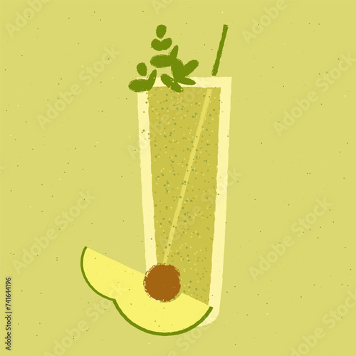 Green cocktail with green leaves, avocado. Smoothie in high glass. Mixed mocktail. Alcohol drink for bar. Cold soft liquid in tall glass. Non-alcoholic beverage. Flat vector illustration with texture