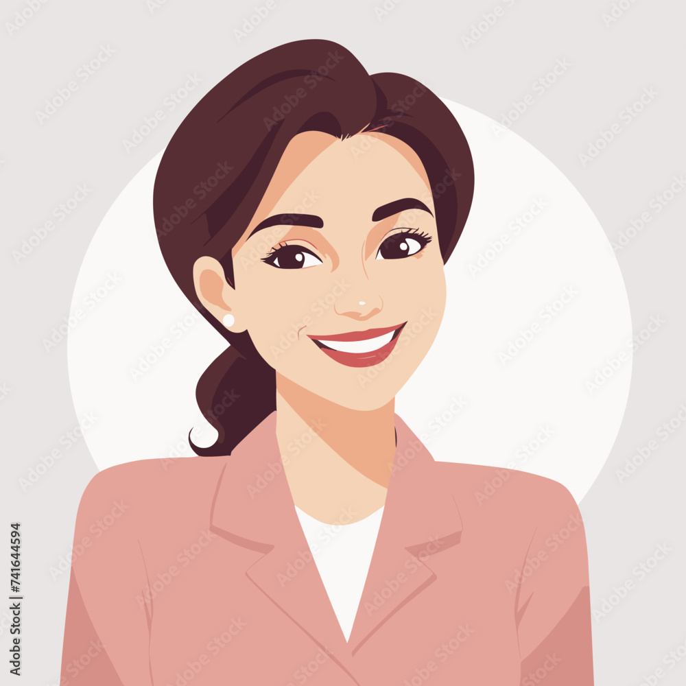 Illustration of a smiling woman with dark hair, depicted in a professional outfit against a light background. Illustration of a smiling woman with dark hair, depicted in a professional outfit against a light background.