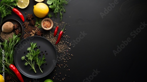 In the center of a dark textured background an empty gray plate, a mock-up. Around are scattered lemon, herbs, spices and shrimp. Beautiful photos from the top, mock up