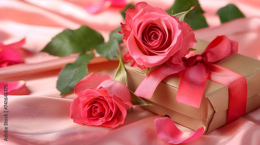 Roses and gift box with satin ribbon on pink background. Saint valentine, birthday, mothers day celebration Roses and gift box with satin ribbon on pink background. Saint valentine, birthday, mothers day celebration