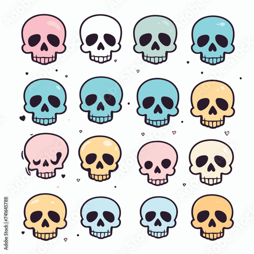 Colorful pastel skulls on a white background, displaying playful and whimsical designs with varied expressions.