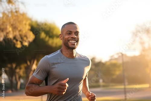 smiling african american man jogging in park at sunset