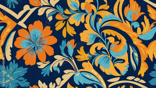 Bold marigold-themed seamless pattern, Geometric ethnic oriental ikat design for background, carpet, and Batik. Vector illustration with a touch of embroidery style.  photo