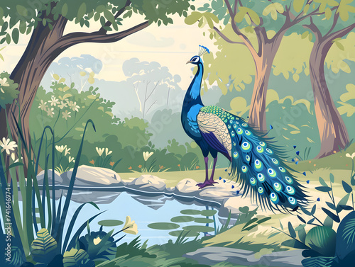 Majestic Peacock Display at Pond's Edge in Serene Forest - Vibrant Wildlife graphy and Nature's Tranquility Concept