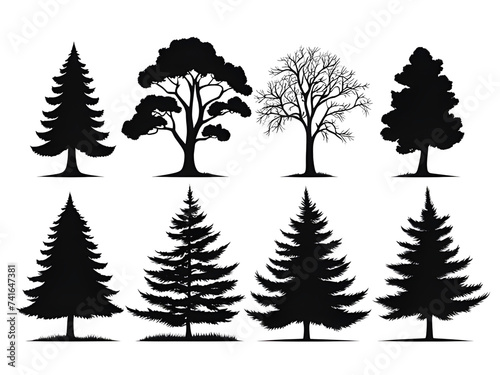 Set of silhouettes of trees  bushes and grass 