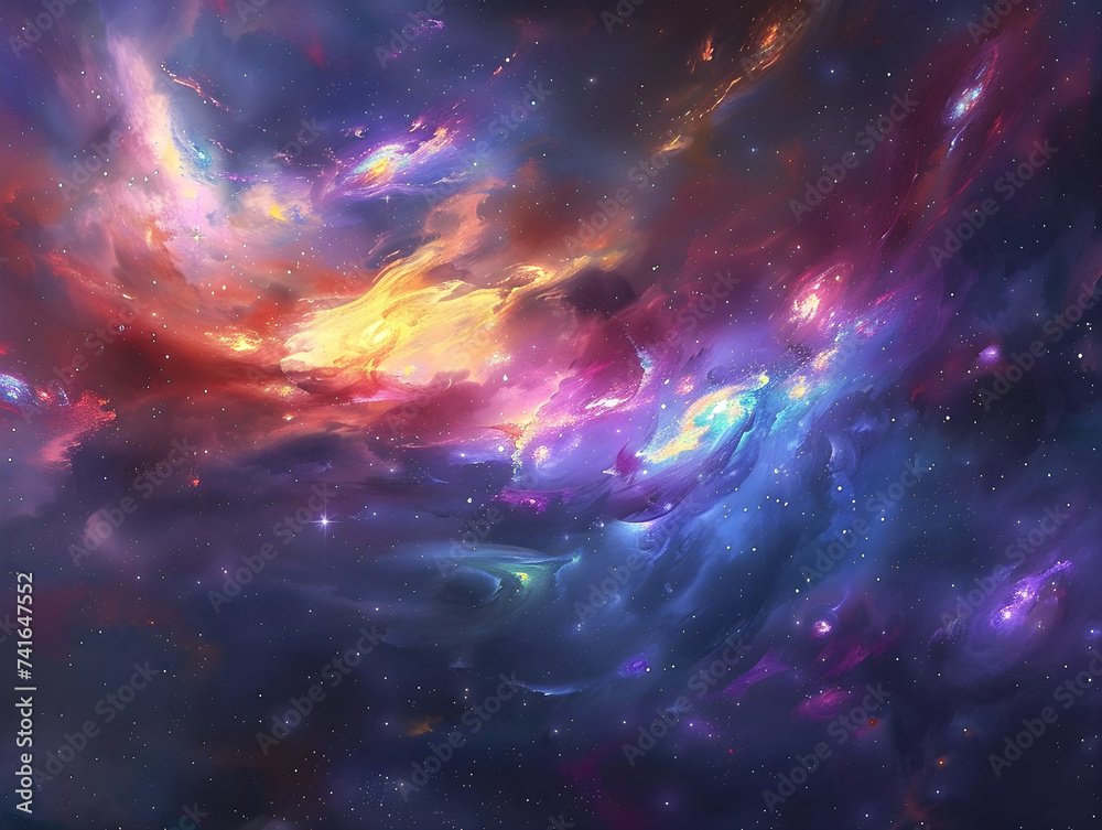 Obraz premium Majestic Interstellar Nebula Display - Vibrant and Saturated Cosmic Dust Clouds, Illuminated by Starlight, Background Concept of Mystery and Exploration of the Universe