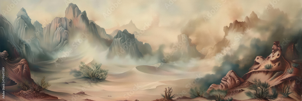 Watercolor pattern wallpaper. Painting of a desert landscape.