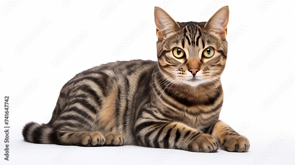 Tabby cat lies on white background