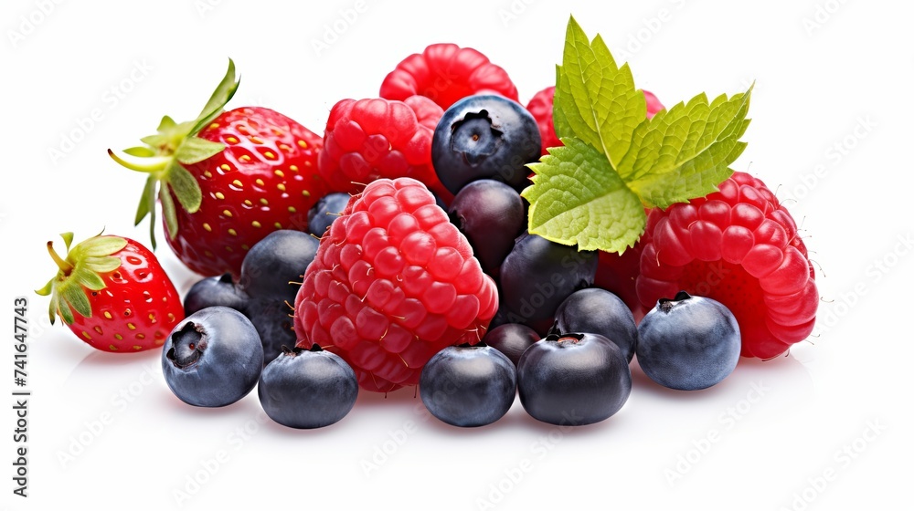 Sweet berries mix isolated on white background. Heap of Ripe raspberry, strawberry and blueberries, mint leaf. Macro, top view Sweet berries mix isolated on white background. Heap of Ripe raspberry, strawberry and blueberries, mint leaf. Macro, top view