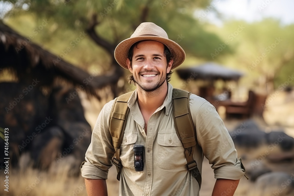 Portrait of a happy young man in safari outfit smiling at camera