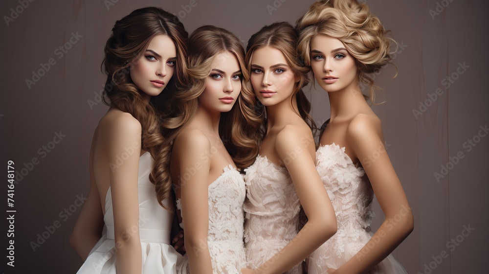 Three beautiful girls in white wedding dresses with hair coloring in ultra blond. Stylish hairstyle curls done in a beauty salon. Fashion, cosmetics and makeup.Adorable brides Three beautiful girls in white wedding dresses with hair coloring in ultra blond. Stylish hairstyle curls done in a beauty salon. Fashion, cosmetics and makeup.Adorable brides