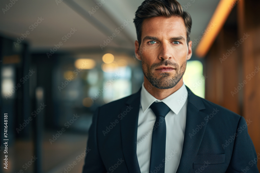 Confident businessman in suit posing in corporate environment. Professional leadership.