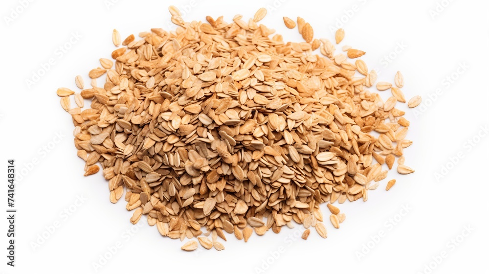 Top view photo of granola pile isolated on white background, muesli texture, scattered seeds pattern, cereal grain for healthy Top view photo of granola pile isolated on white background, muesli texture, scattered seeds pattern, cereal grain for healthy