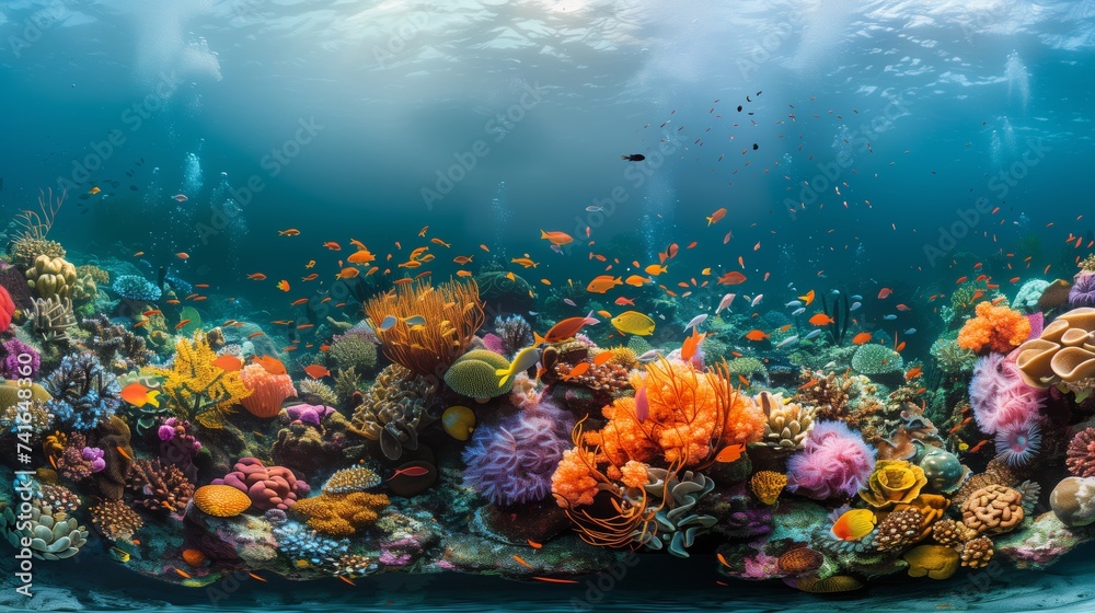 A vivid and bustling underwater scene displaying the diversity of life on a coral reef, with a spectrum of vibrant colors and marine species.