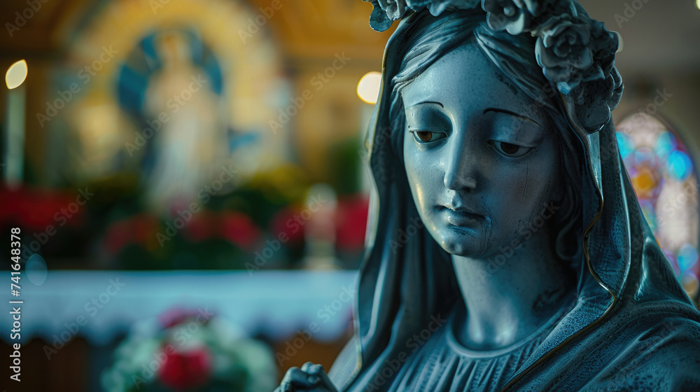 Statue of Mother Mary in a Catholic Church. Close up.