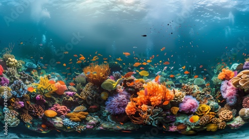 A vivid and bustling underwater scene displaying the diversity of life on a coral reef, with a spectrum of vibrant colors and marine species.