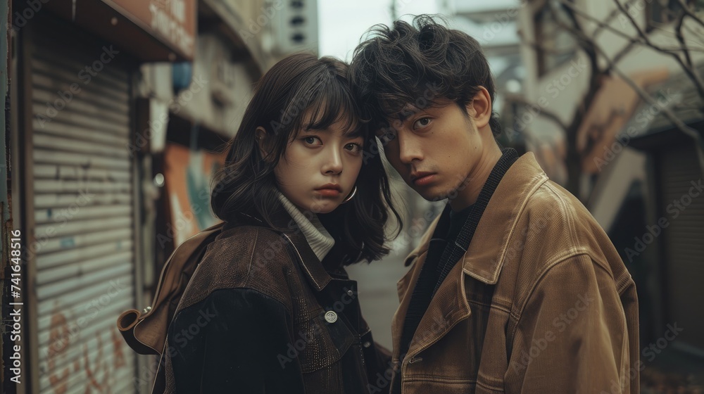 Portrait of young asian couple walking in the city.