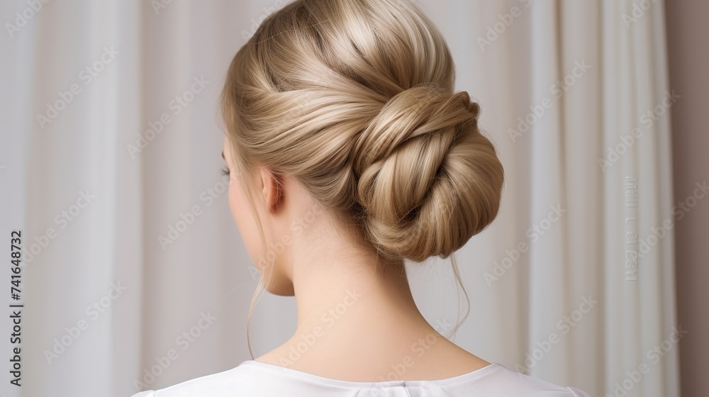 Tutorial photo of simple elegant hairstyle twisted bun with plait for long hair - obrazy, fototapety, plakaty 