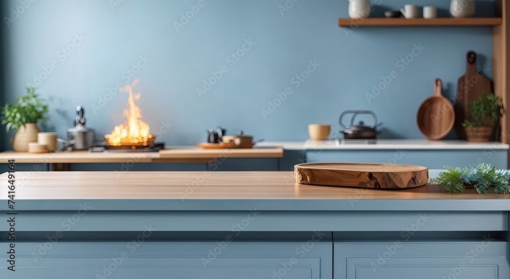 Empty beautiful wood tabletop with fireplace, blue theme Empty beautiful wood tabletop with fireplace, blue theme