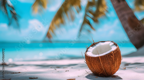 Tropical Beach Coconut on White Sand with Ocean View Background
