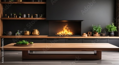 Empty beautiful wood tabletop with fireplace, black theme