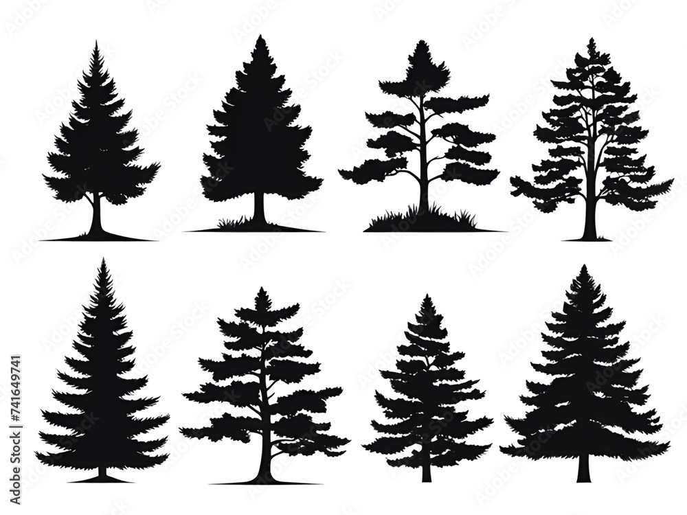 Set of silhouettes of trees, bushes and grass
