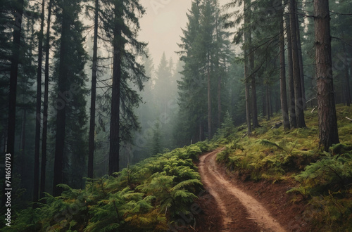 dirt road in the fir forest mountains