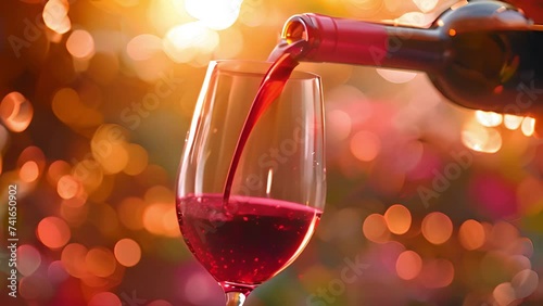 Red wine glass in spring pouring red wine in glass. sunlight shining Close-up of filling wine glass with red wine in super slow motion. Pouring red wine into goblet. Red wine forms beautiful 4k photo