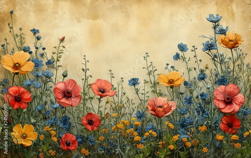 Vintage paper textures. Field of poppies.