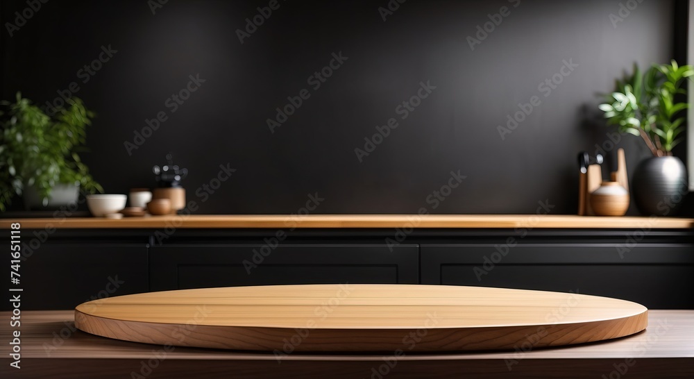 Empty beautiful round wood tabletop counter on black interior