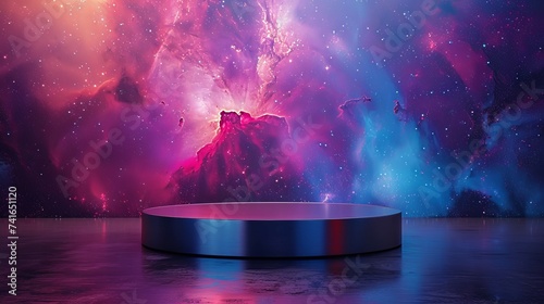 Empty podium with gradient neon light on background with night starry landscape.