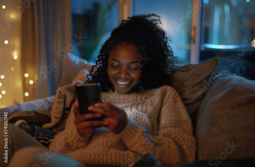 Smartphone, couch and woman typing a message for social media marketing, business or networking. Cheerful, young and African female texting friends or colleagues for content creation and scrolling